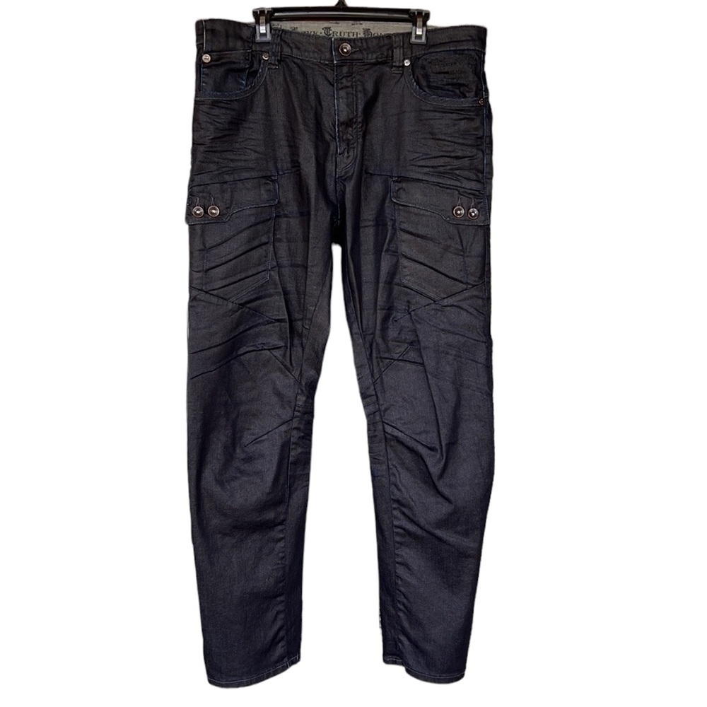 Parasuco Men’s Dark Wash Wide Leg Cargo Jeans. Sz 38 Large Flap Pockets.